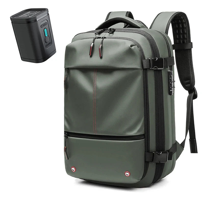 17-inch laptop backpack in olive green with front zipper pocket and adjustable side straps.