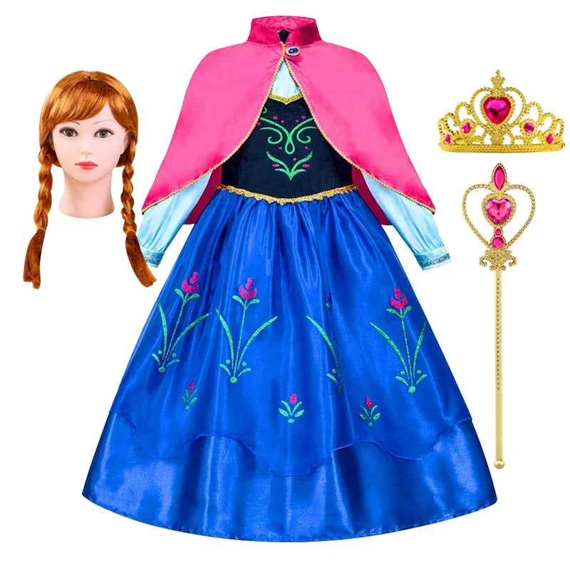 Girls princess costume dress with pink cape and blue skirt, floral embroidery