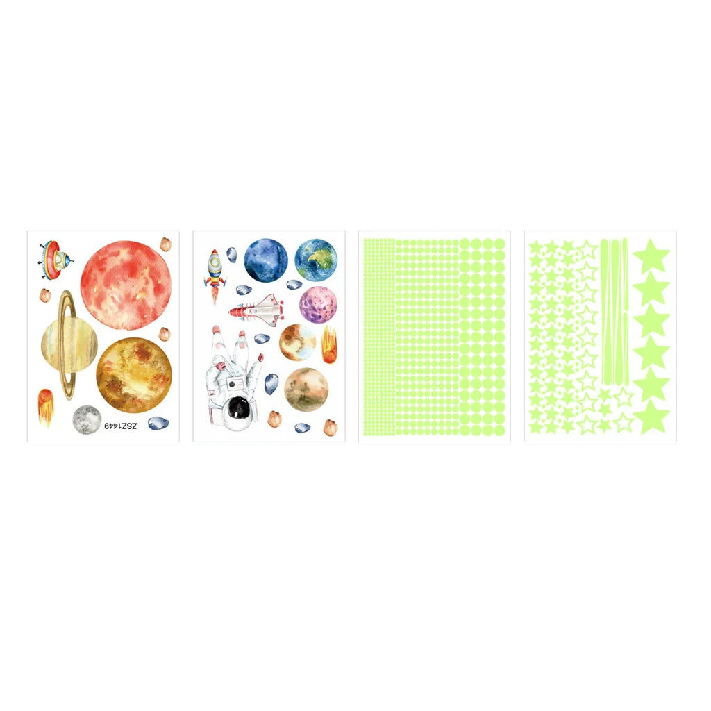 Set of 4 glow-in-the-dark space wall sticker sheets with planets and stars
