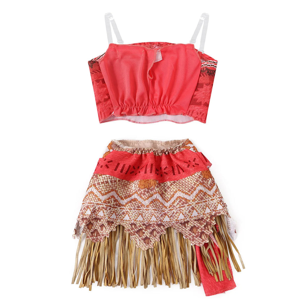 Girls costume set, back view: red cropped top and patterned skirt with long fringe.