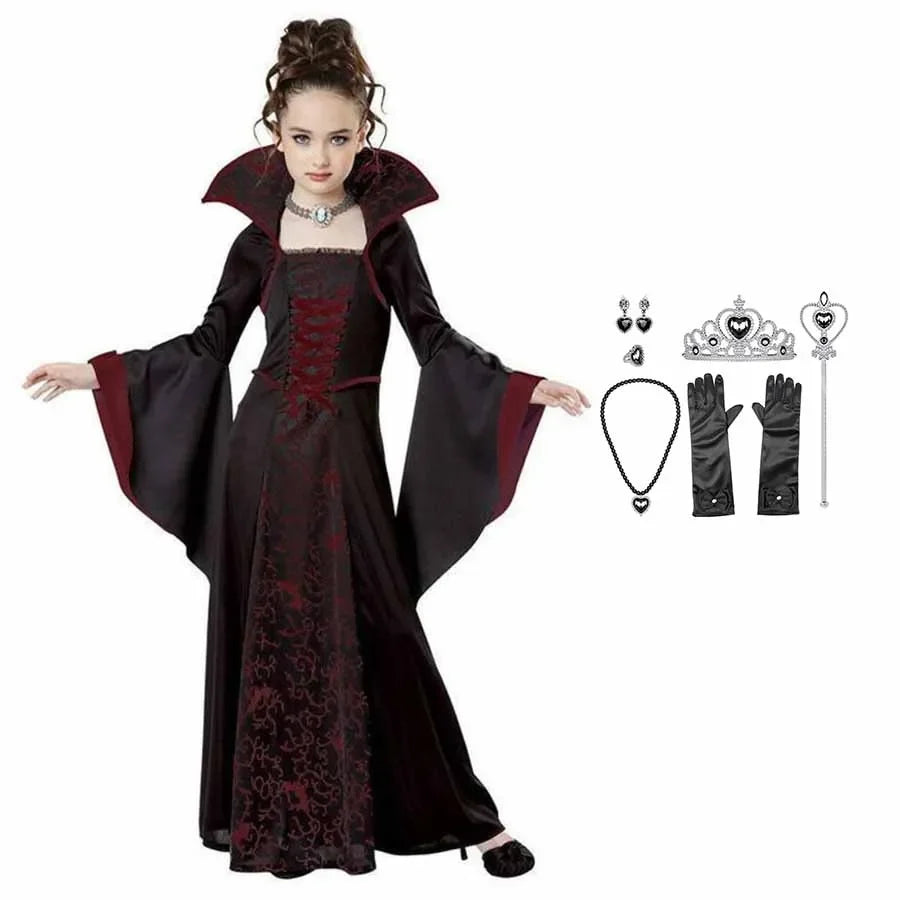 Girls dark vampire tutu dress with long cape sleeves and maroon corset-style panel