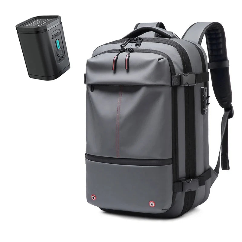 17-inch laptop backpack in grey with red zipper accents and padded back straps.