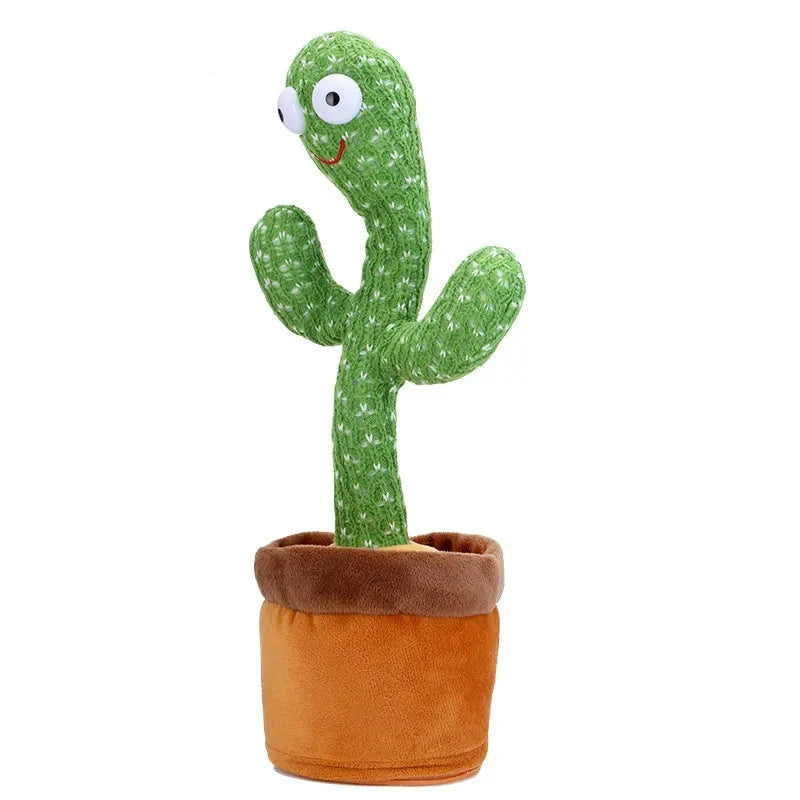 Green cactus plush toy with big white eyes and smiling face, in brown fabric pot