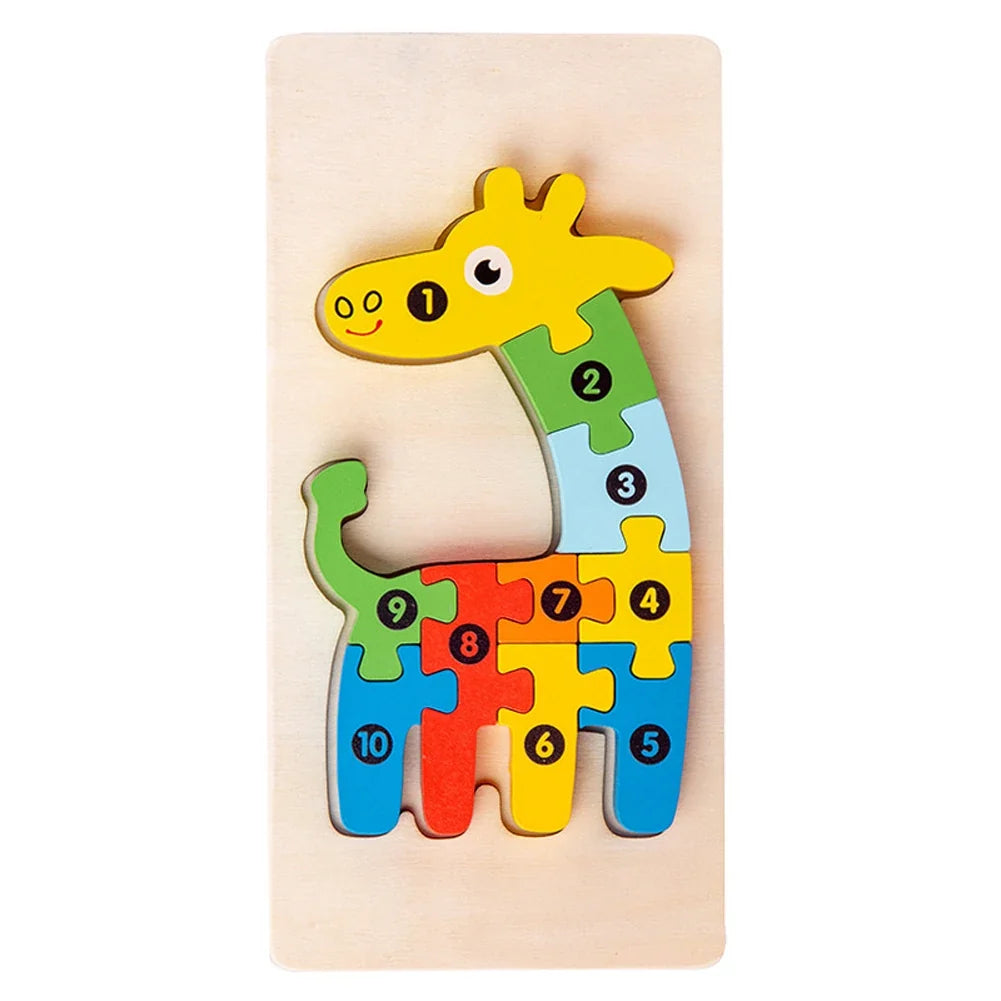 Wooden giraffe-shaped 3D number puzzle with interlocking pieces on board