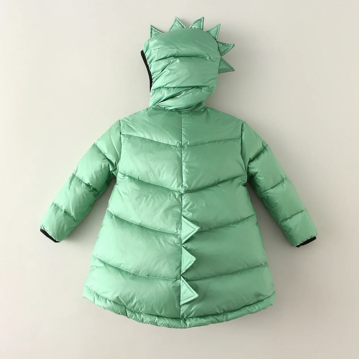 Kids mint green dinosaur-hood puffer parka coat with spike hood, full-zip front