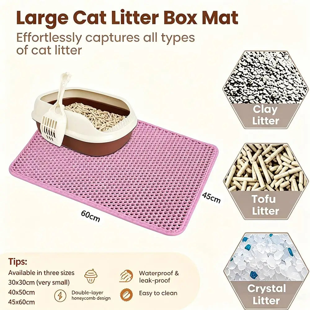 Pink large cat litter box mat with double-layer honeycomb surface and waterproof backing