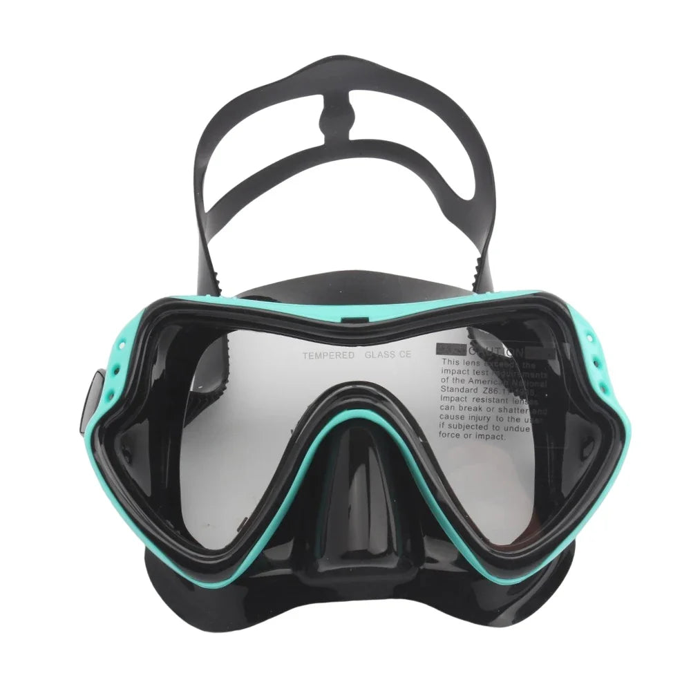 Black diving goggles with teal trim, clear tempered lenses, and anti-fog coating
