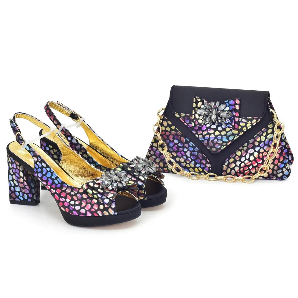 Dark peep-toe heeled shoes and matching patterned clutch bag with jeweled top