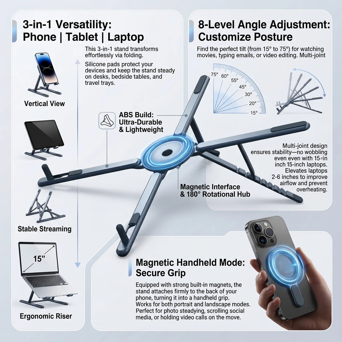 Gray adjustable magnetic stand with tripod base and circular magnetic hub, 8 angles