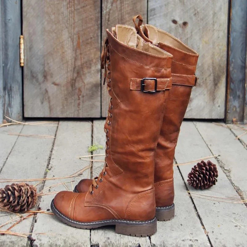 Women’s lace-up knee-high boots, flat sole, tan brown PU leather with side buckle