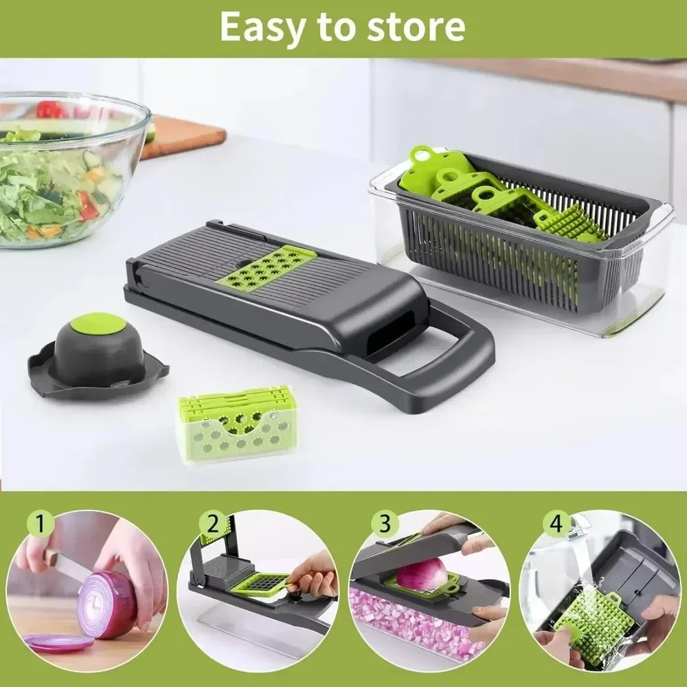 Vegetable chopper slicer with gray base, green inserts, and clear storage containers