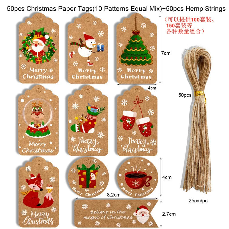 50-pack Christmas paper gift tags with hemp twine strings, kraft tags and holiday designs