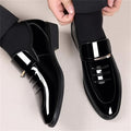 Men's black glossy slip-on loafer shoes with square buckle strap