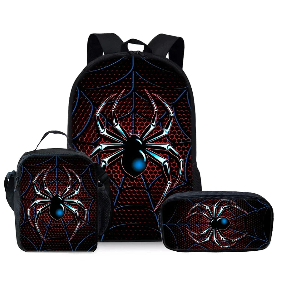 Kids black spider-themed 3-piece backpack set: main backpack, lunch bag, pencil pouch