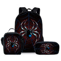 Kids black spider-themed 3-piece backpack set: main backpack, lunch bag, pencil pouch