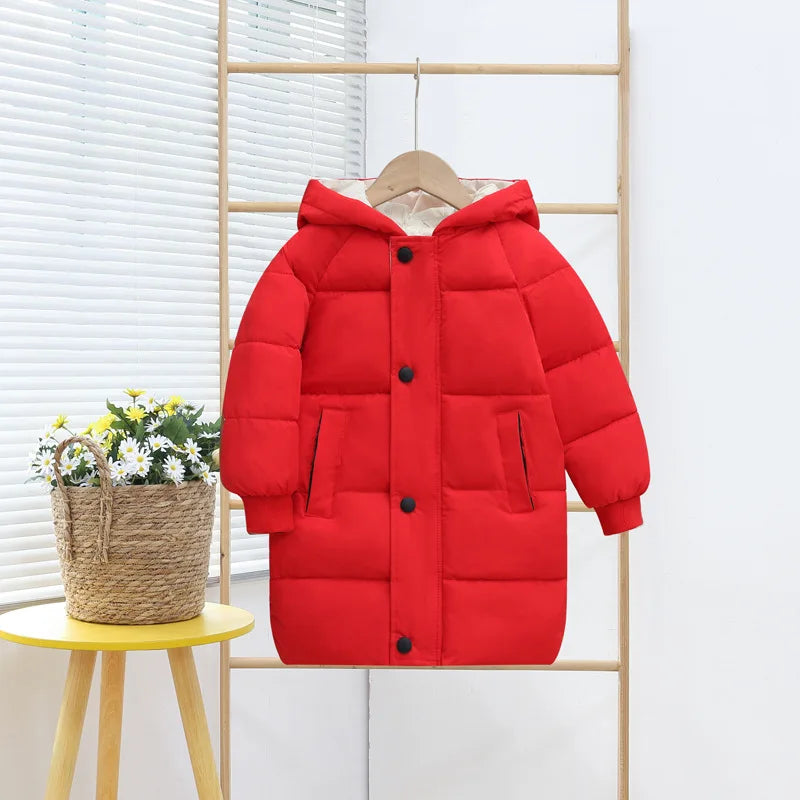 Girls long puffer coat with hood and zipper, solid red color.