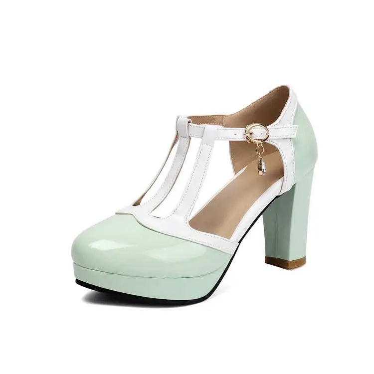 Color-block women’s high-heel shoes with round toe, white straps, mint glossy upper