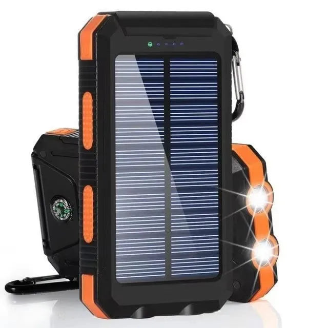 Black and orange solar power bank with built-in LED flashlight and folding solar panel