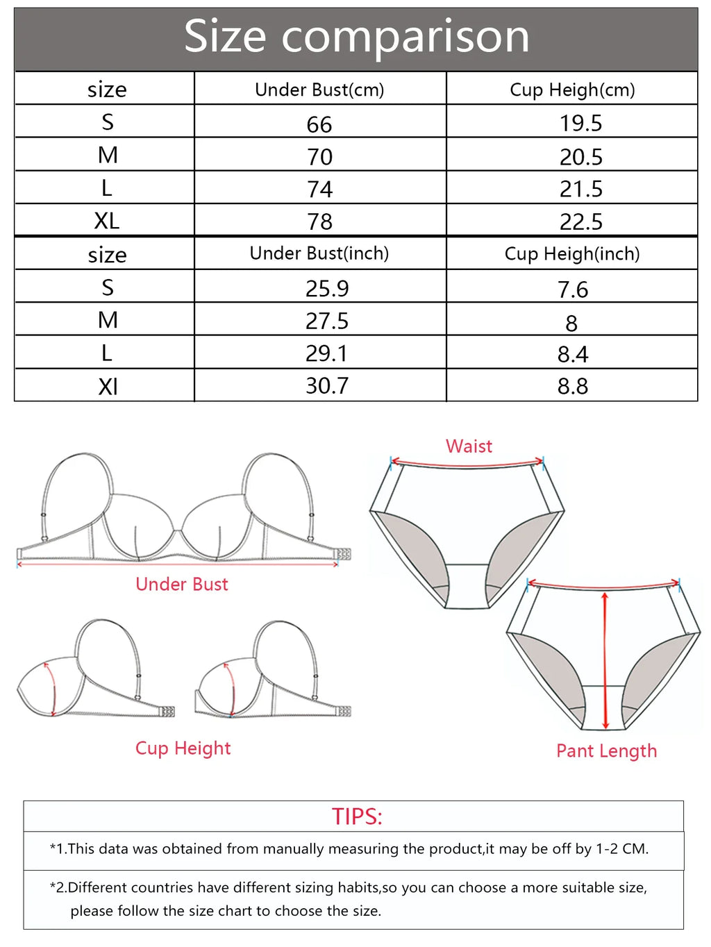 Size comparison chart showing bra cup height and pant measurements
