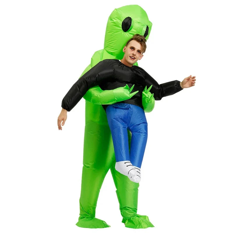 Inflatable alien costume suit in bright green with black torso, blue legs, white shoe covers.