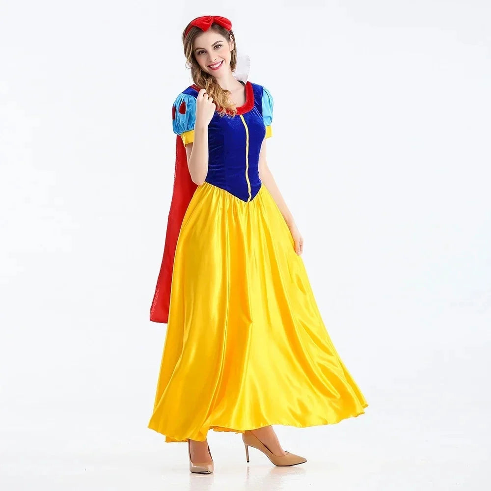 Women’s princess cosplay dress with blue bodice, yellow midi skirt, and red cape