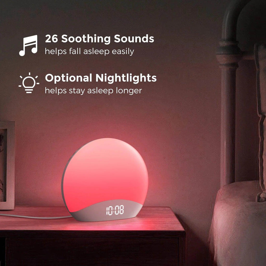 Bedside nightlight alarm clock with soft red-pink light and digital display