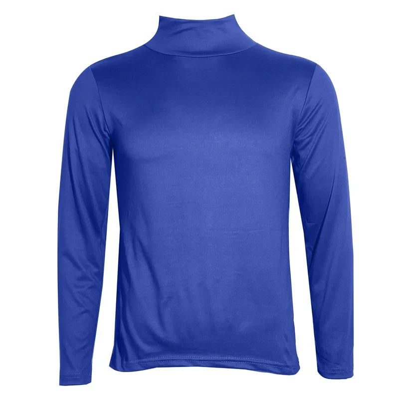 Royal blue slim-fit thermal shirt, high neck and long sleeves; smooth front view