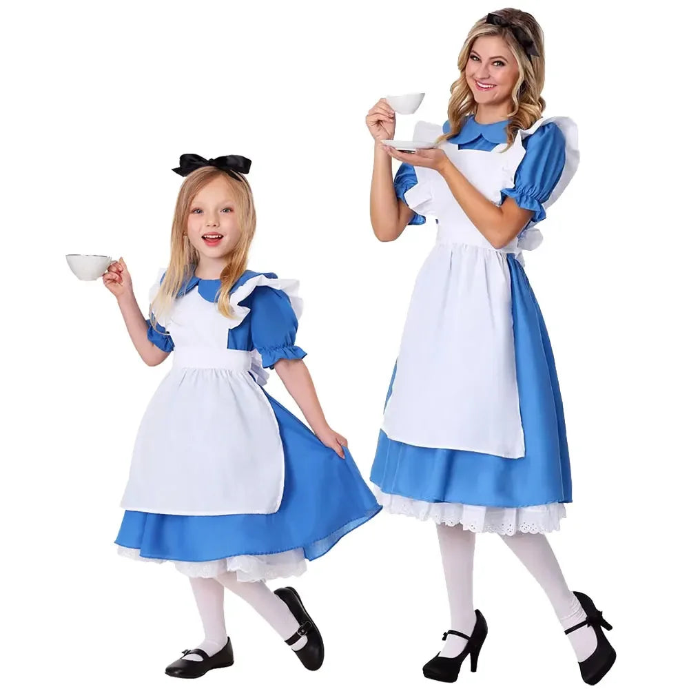 Blue and white maid costume dress with lace hem, puff sleeves, and black bow headband