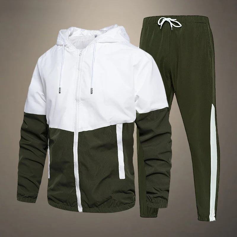 Men’s color-block hooded windbreaker jacket and jogger pants set, white and olive green