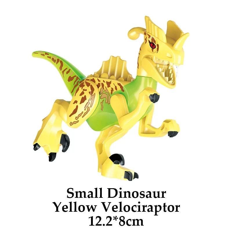 Yellow Velociraptor dinosaur building block figure with green spots and raised head