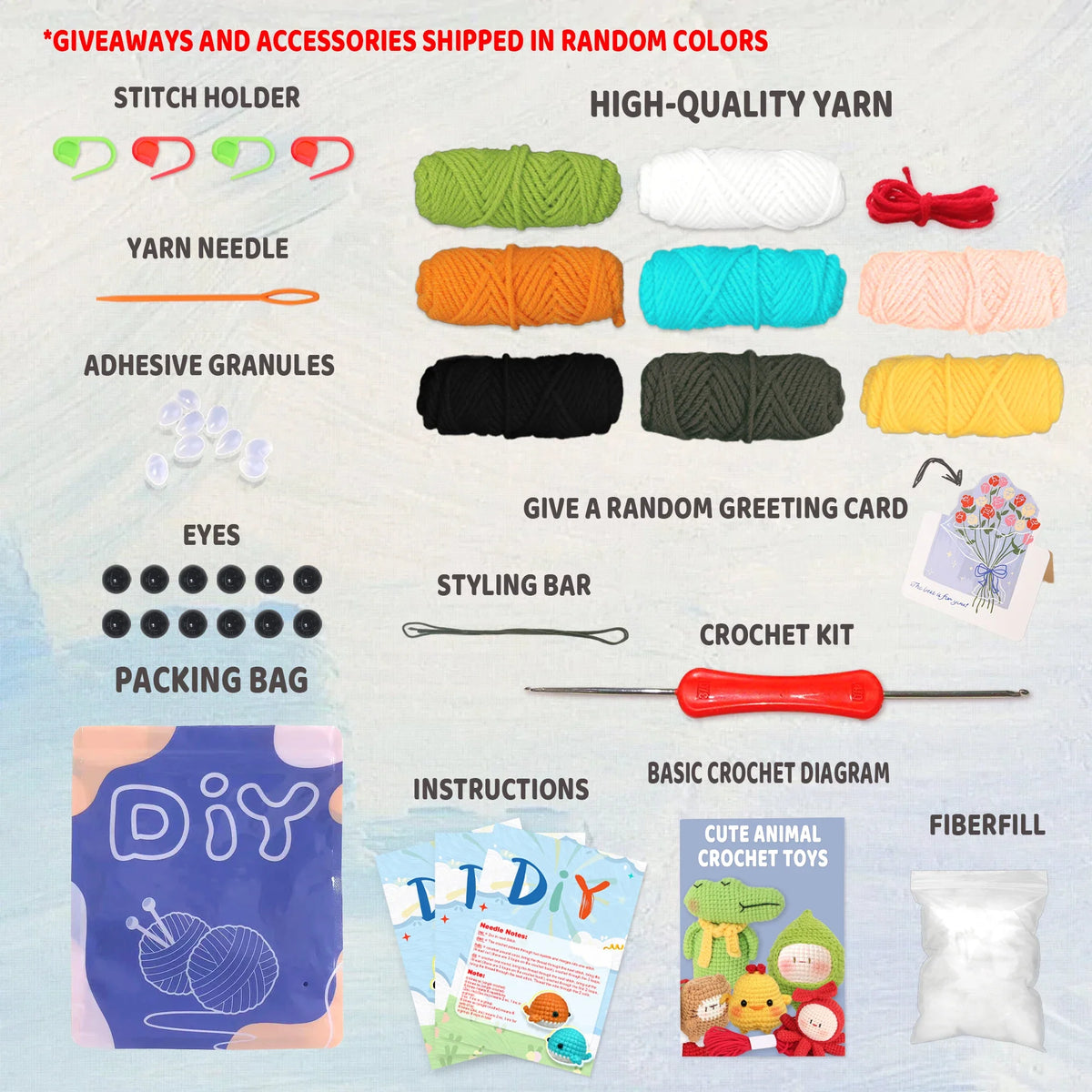 Crochet kit accessories set with yarn balls, hook, yarn needle, and instructions
