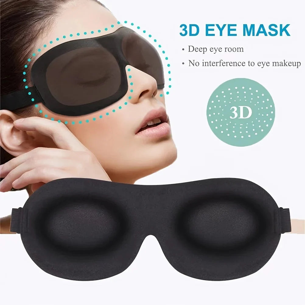Black 3D sleep eye mask with elastic strap and deep eye space