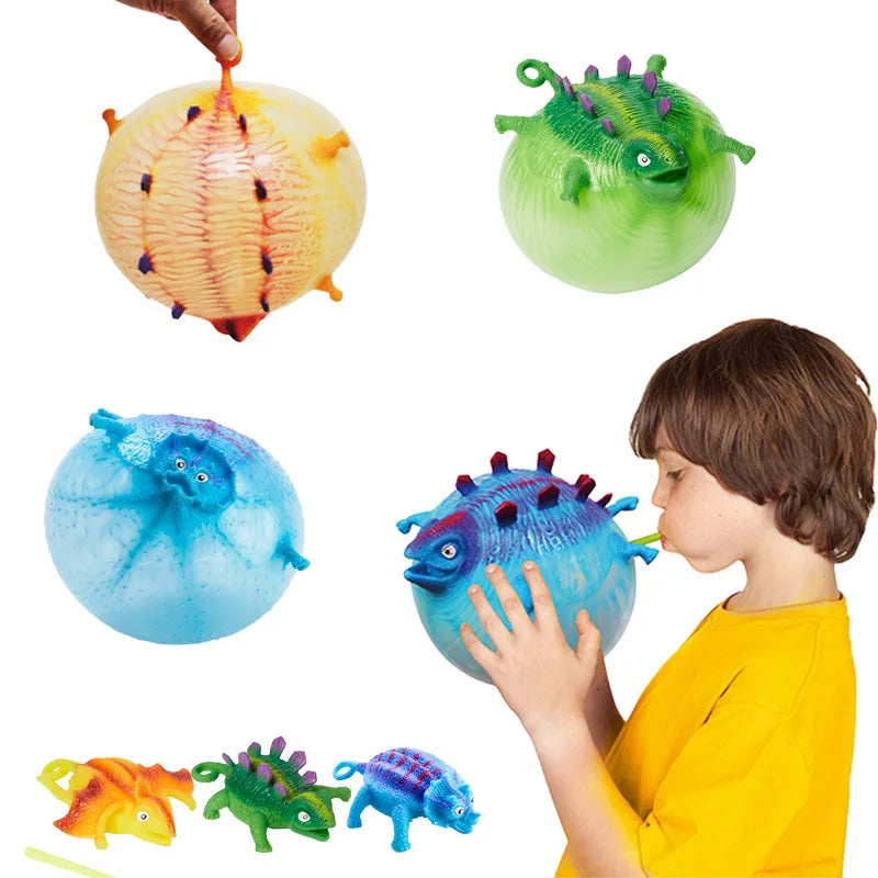 Set of three inflatable dinosaur squeeze vent balls in orange, green, and blue.