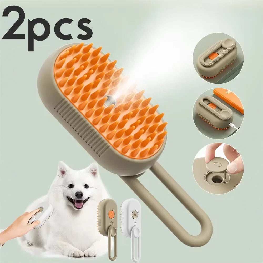 Electric steam pet brush set with two grooming combs, orange bristles, beige handle