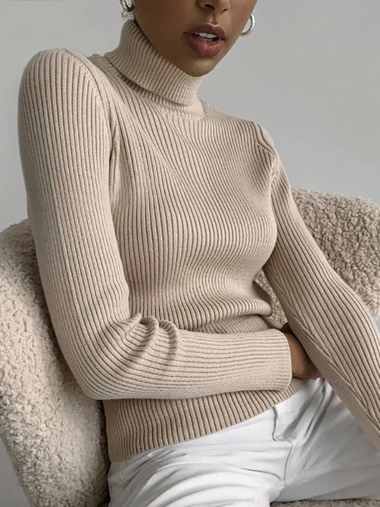Women’s ribbed turtleneck sweater in light camel beige, long sleeves, slim fit