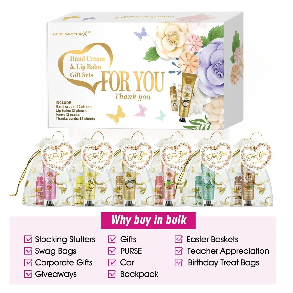 Hand cream & lip balm gift set box with 12 mini tubes and drawstring net bags