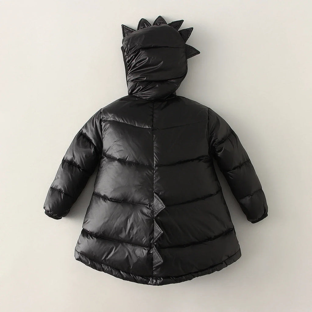 Kids black dinosaur-hood puffer parka coat, front view with spike hood