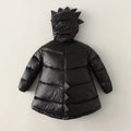 Kids black dinosaur-hood puffer parka coat, front view with spike hood