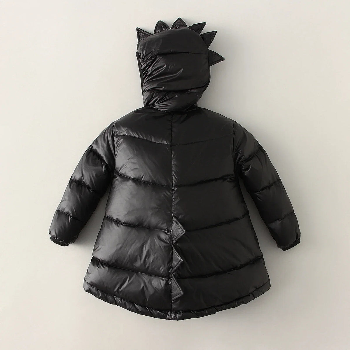 Kids black dinosaur-hood puffer parka coat, front view with spike hood