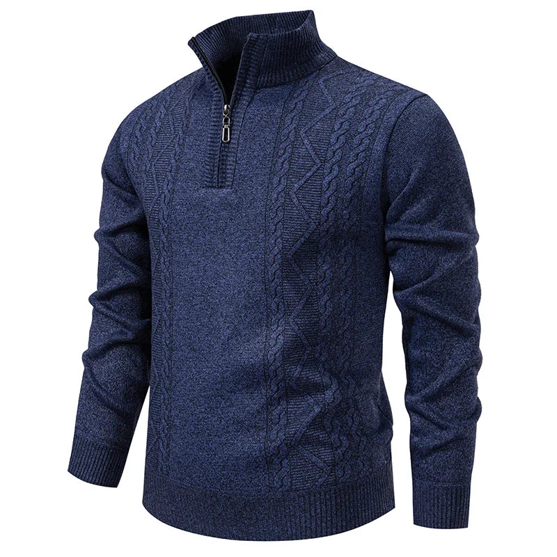 Men's knit half-zip pullover sweater in navy, stand collar and diamond cable pattern