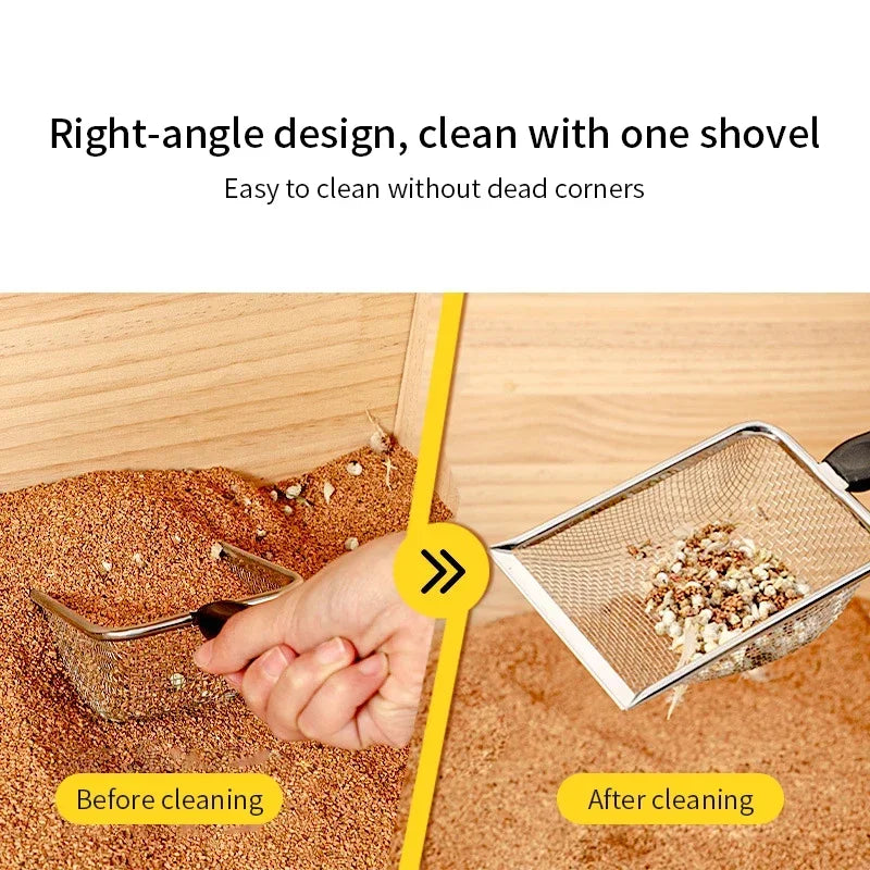 Stainless steel fine mesh sifting scoop with black handle and right-angle design