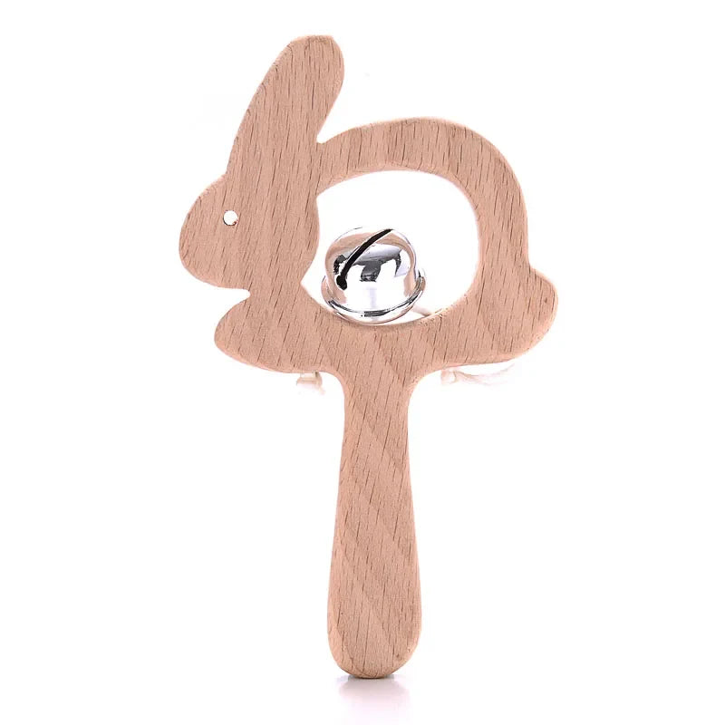Beech wood rabbit-shaped ring teether with metal rattle bell insert