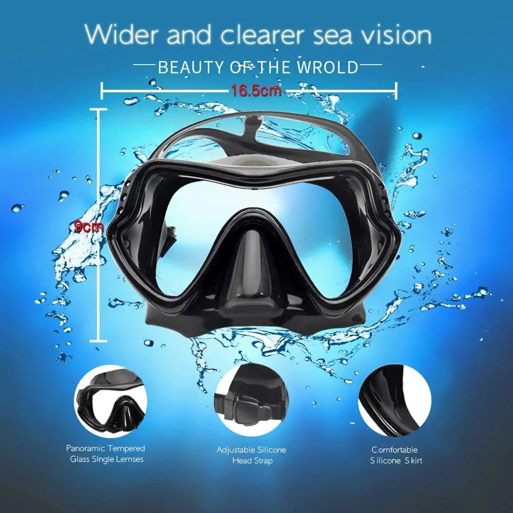 Black snorkeling mask set with panoramic lenses and dry snorkel tube, blue-tinted glass