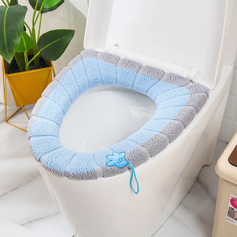 Toilet seat cover mat cushion, thick light blue with handle loop and oval cutout