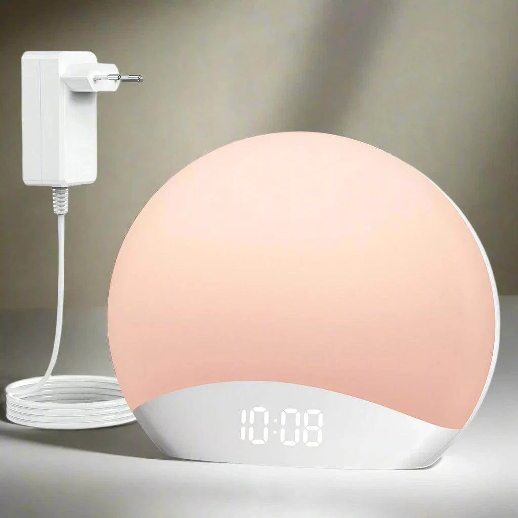 Sunrise alarm clock with soft pink dome display showing 10:08.