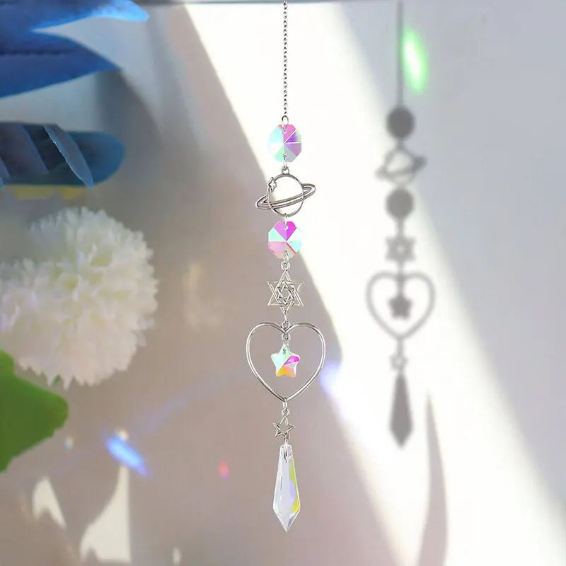 Hanging crystal wind chime with heart ring, star motif, crescent moon and rainbow beads
