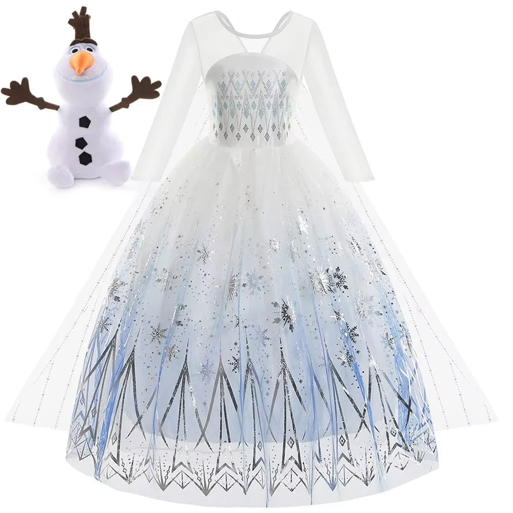 Girls white tulle princess dress with blue print and snowman plush accessory