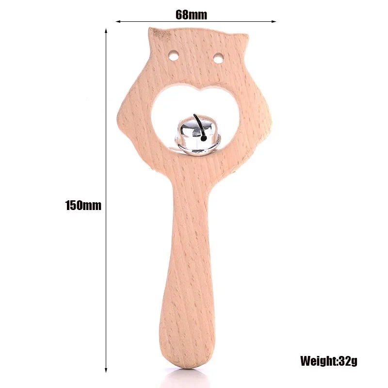 Beech wood owl ring teether with metal rattle bell, with size dimensions shown