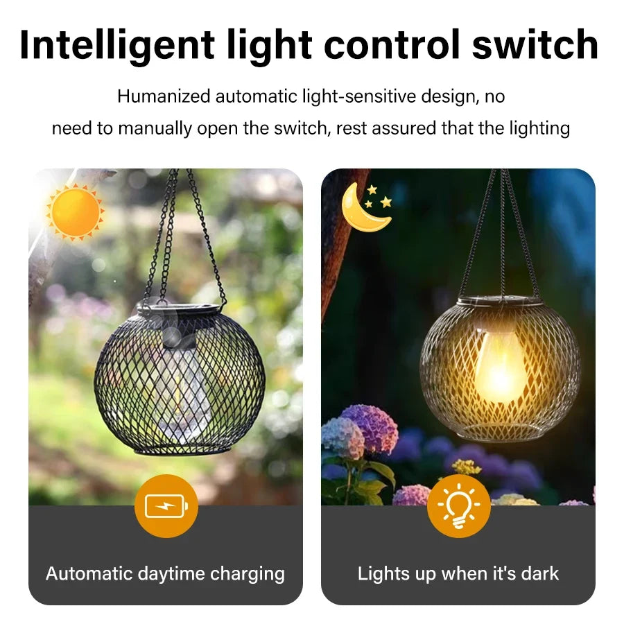 Solar LED hanging lantern with black mesh globe, warm light for daytime charging and night use