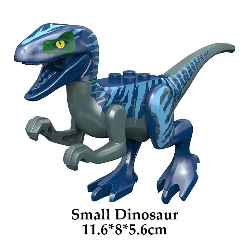 Blue and dark blue dinosaur building block figure with yellow eye and raised tail